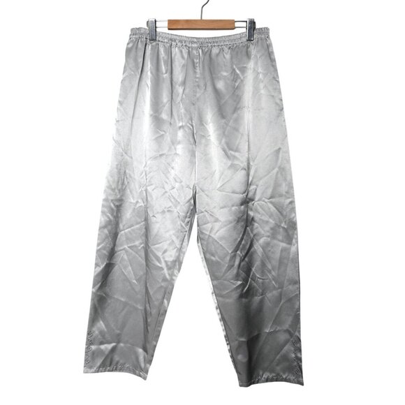 Vintage Satin Lounge Pajama Pants Silver Grey Silky Embroidered Floral Casual XL - Picture 2 of 7